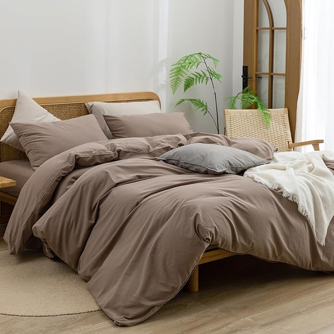 BESTOUCH Duvet Cover Set 100% Washed Cotton Linen Feel Super Soft Comfortable Chic Lightweight 3 PCs Home Bedding Set Solid Pine Bark Brown Super King