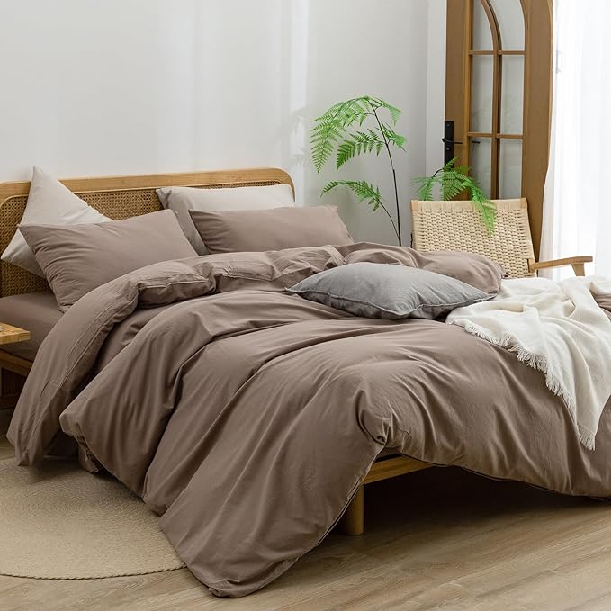 BESTOUCH Duvet Cover Set 100% Washed Cotton Linen Feel Super Soft Comfortable Chic Lightweight 3 PCs Home Bedding Set Solid Pine Bark Brown Queen