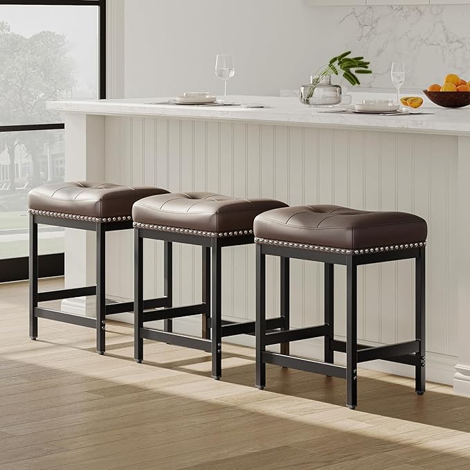 MALOL Set of 6 Saddle Bar Stools Counter Height 24.4”, Backless Barstools for Kitchen Island, Modern PU Leather Cushioned Seat, Bar Chairs for Kitchen Counter, Breakfast Bar Stools for Home,Brown