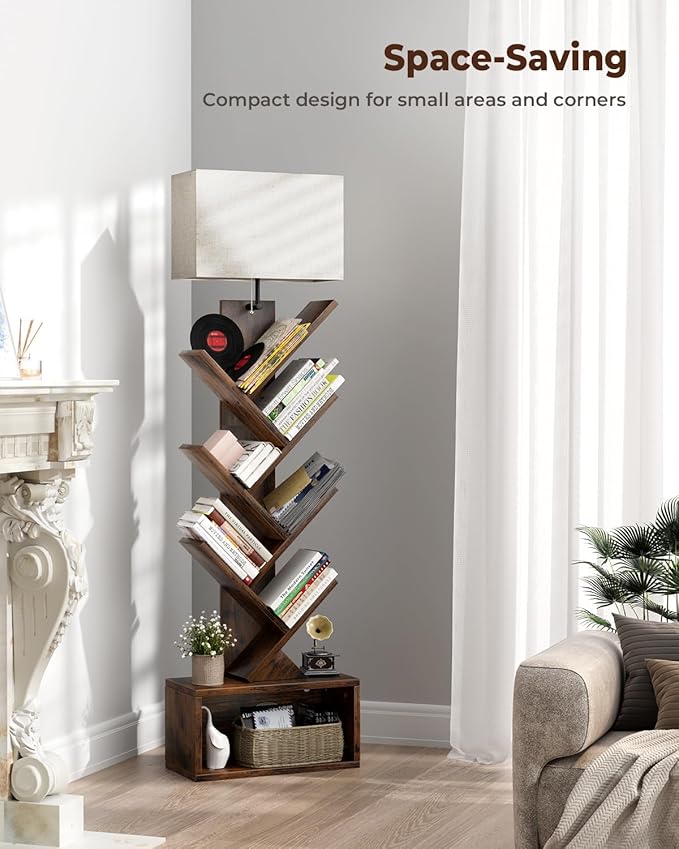 6 Tier Tree Bookshelf with Light, Narrow Bookcase Tower, Tall Floor Standing Book Organizer with Storage Cabinet for Living Room, Bedroom and Home Office, Rustic Brown
