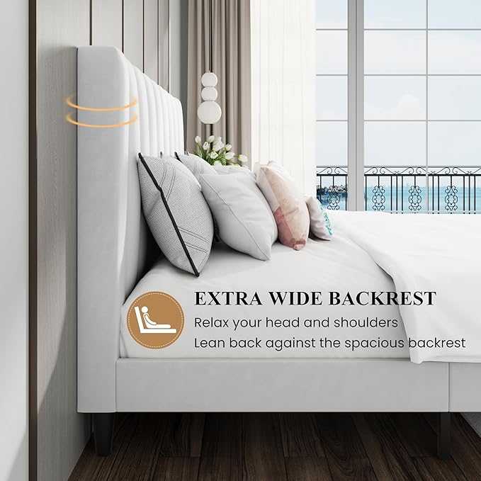SHA CERLIN Queen Bed Frame/Velvet Upholstered Platform Bed Frame with Headboard/Strong Wood Slats Support/Mattress Foundation/No Box Spring Needed/Easy Assembly/White