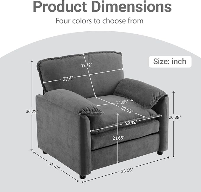 Ball & Cast 38" Oversized Chenille Lounge Chair,Reading Armchair with Thick Comfort Cushions,High Back Support & Wide Seat,Perfect Accent Chair for Modern Living Room,Bedroom,Grey