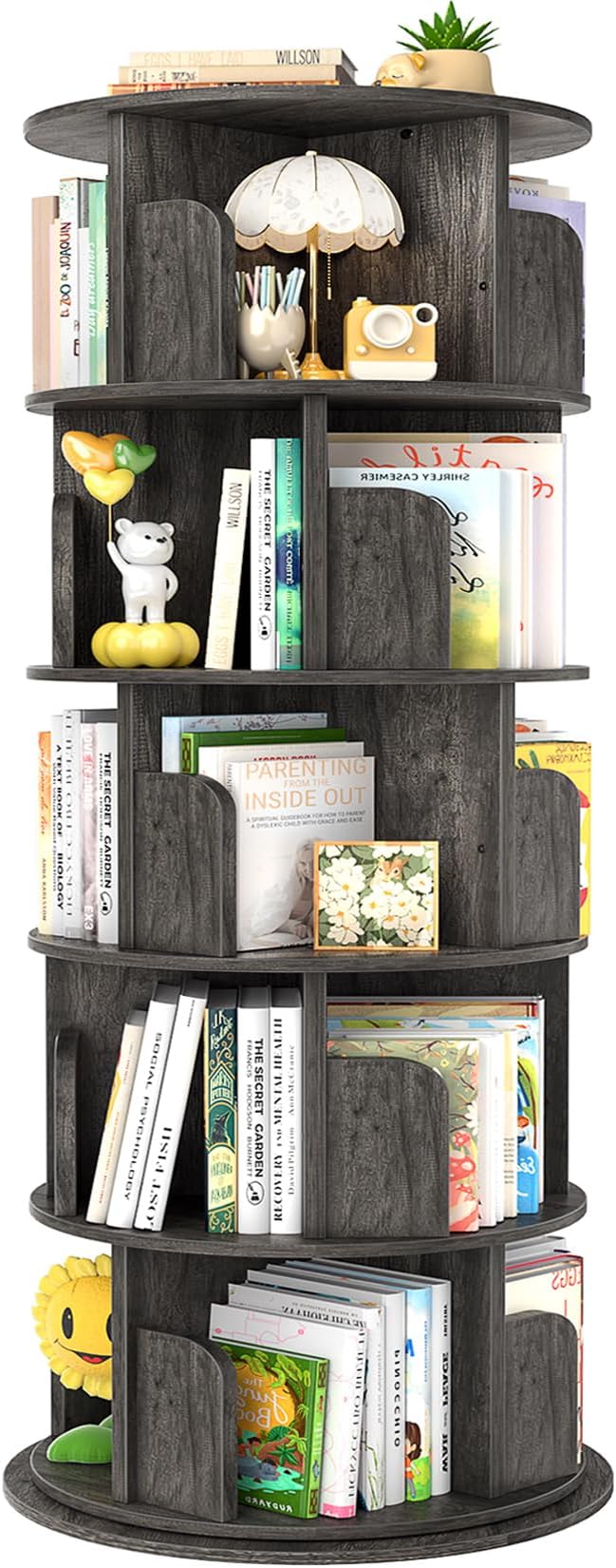 Aheaplus Rotating Bookshelf, 360 Display Wood Spinning Bookshelf Tower, 5 Tier Floor Standing Bookcase Storage Rack, Revolving Bookcase Corner Bookshelf for Small Space, Bedroom, Study Room,Black Oak