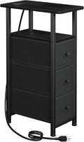 Narrow End Table Living Room with Charging Station, Skinny Side Table with Fabric Drawers, Slim Nightstand for Bedroom, Small Spaces, Couch, Black, HETNDP03BK-1