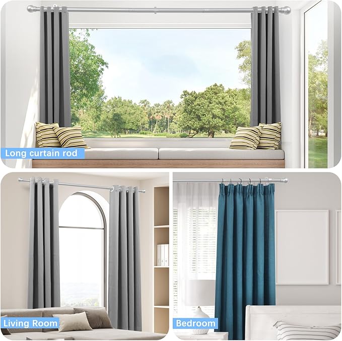 Curtain Rods for Windows 16 to 92 Inches, Curtain Rod Max Adjustable Length of 104 IN, 6/8" Diameter Drapery Rods Round Finials, Satin Silver, Pack of 2