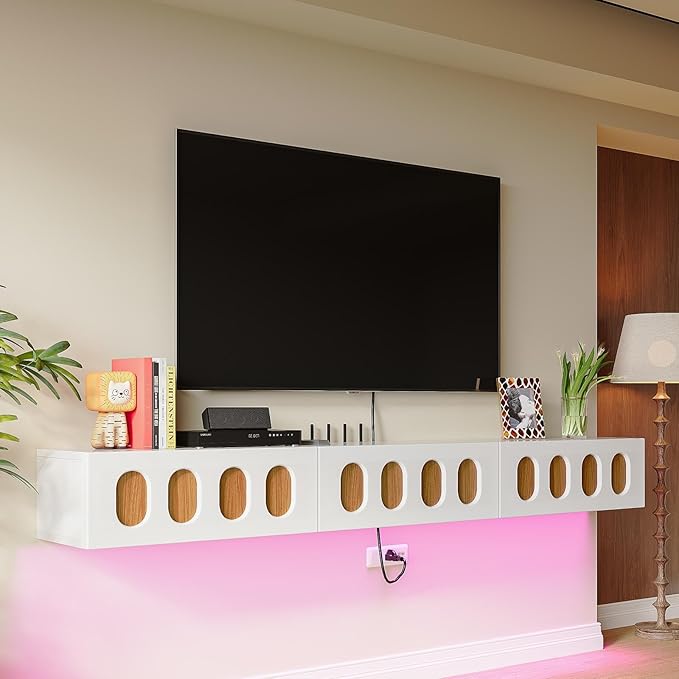 Floaticase Fully Assembled Floating TV Stand, 55IN High Gloss Wall Mounted Entertainment Center with Flip-Down Doors & Drawers, TV Console Under TV Shelf for Bedroom Livingroom
