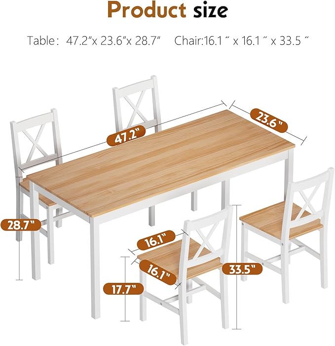 SogesPower Dining Table Set for 4, 5-Piece Wood Kitchen Dining Table Set with 4 Chairs for Kitchen Dining Room Restaurant Small Space, 47" White&Oak