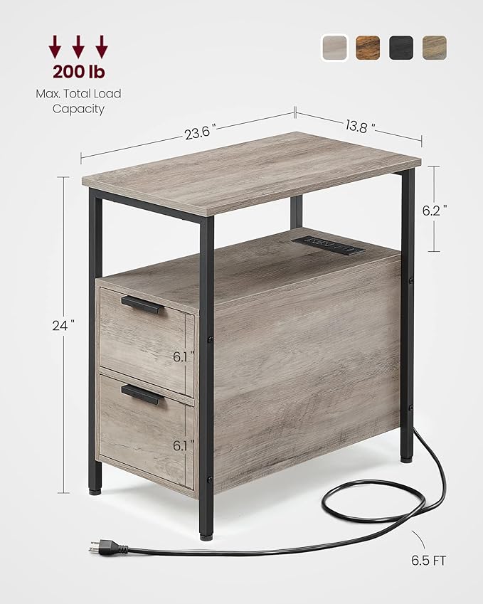 VASAGLE Side Table with Charging Station, Narrow End Table with 2 Drawers, Slim Nightstand and Bedside Table with Storage, for Small Spaces, Greige + Black