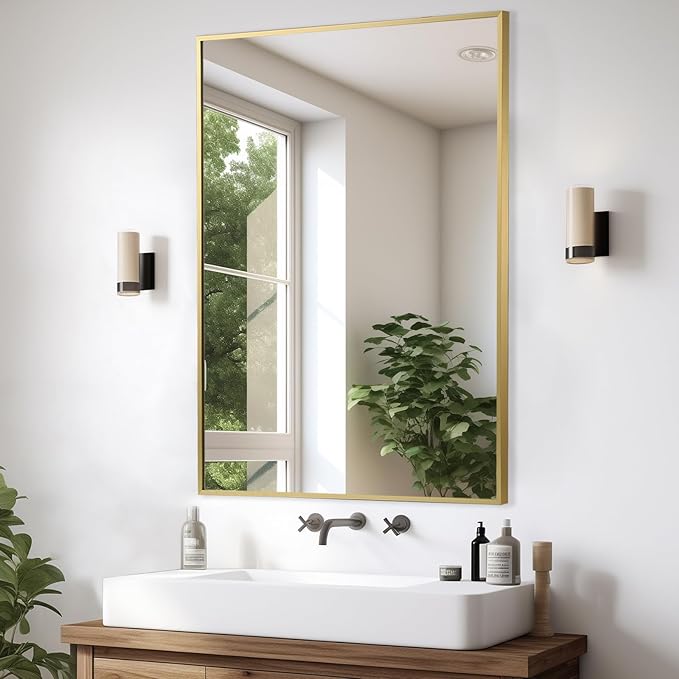 Gold Bathroom Mirror, 24"x36" Rectangle Mirror, Brushed Gold Mirror, Metal Frame Square Corner Vanity Mirror, Wall Mounted Mirror for Modern, Living Room, Bedroom, Horizontal Or Vertical