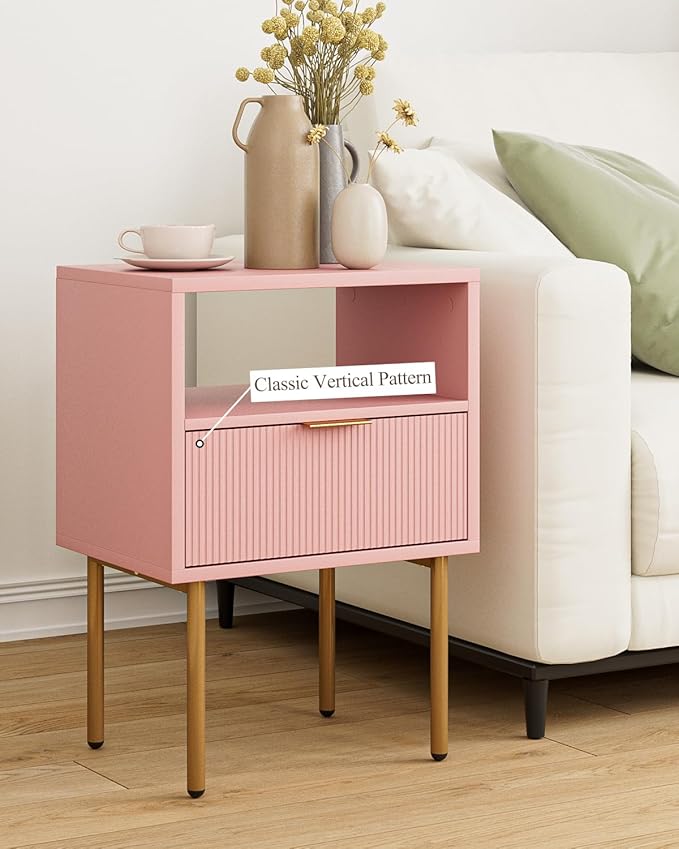 Masupu Night Stand,Mid-Century Modern Bedside Table with Storage Drawer and Open Wood Shelf,Small Gold Frame Side Table for Bedroom,Living Room, Pink