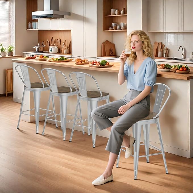 26” Swivel Bar Stools Set of 4, Counter Height Bar Stools Wooden Seat, Metal Industrial Bar Chairs with High Back for Kitchen Island (Silver)