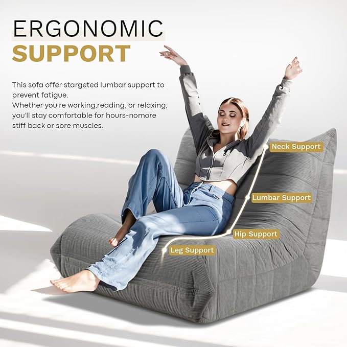 Bean Bag Chairs for Adults, Memory Foam Couch Sofa Chair,One-Piece Foam Padding,Cozy Corduroy Material Bean Bag Chair,Bean Bag Sofa for Reading in Bedroom Living Room and Dorms，Gray