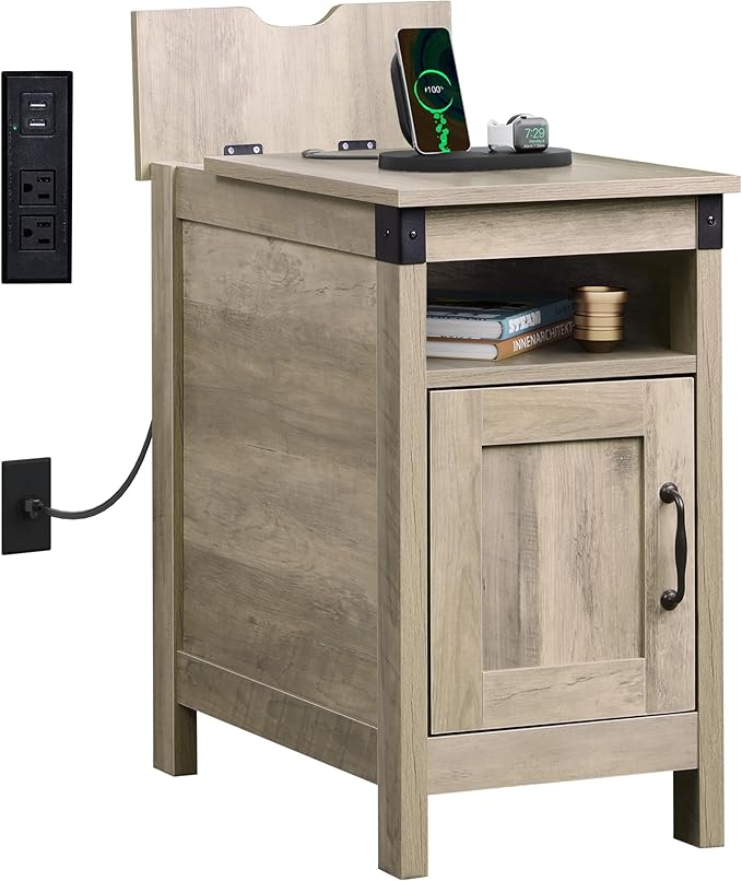 WLIVE Farmhouse End Table with Charging Station, Narrow Side Table for Living Room, Bedroom, Small Nightstand with Storage, USB Ports and Outlets, Small Wooden Cabinet, Greige