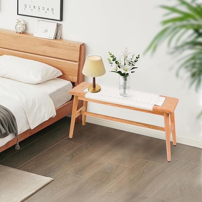 Solid Wood Entryway Bench, Wooden Dining Benches for 2, End of Bed Bench w/Hand-Woven Rope for Bedroom Kitchen Dining Room Living Room Entry Décor (White Rope, 31.49" L)