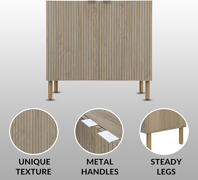 Sango Merk 2-Door Cabinet, Modern Brown Storage Cabinet with Vertical Groove Doors, Adjustable Shelf, Cylindrical Wood Legs, Discreet Metal Finger Pulls, Stylish Furniture for Living or Dining Room