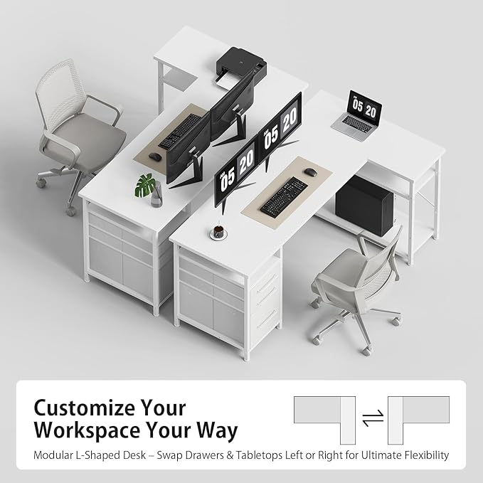 55" Computer Desk with Drawers, Desks for Bedrooms, Writing Desk with Storage, Work Desk for Small Space, White