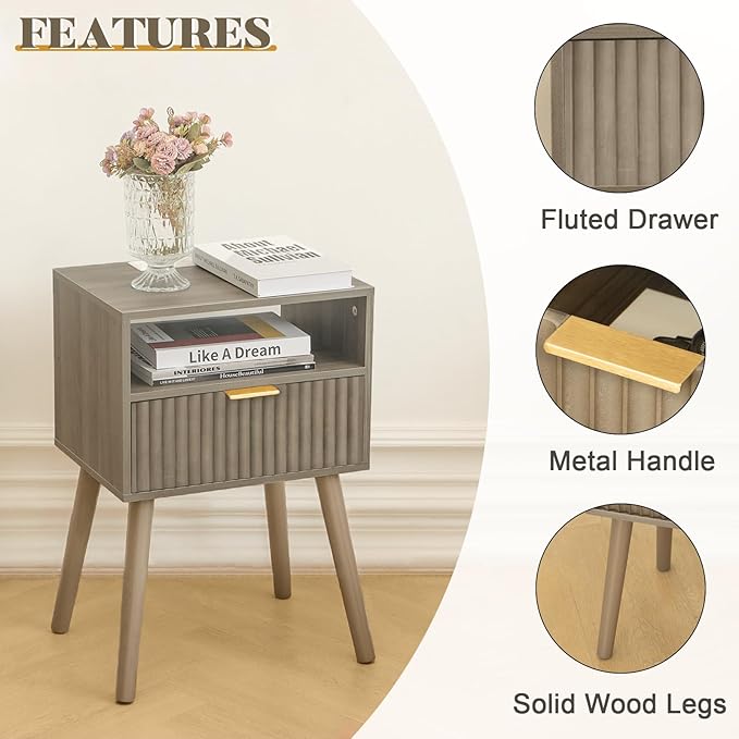 Night Stand with Charging Station, Modern Bedside Table with Drawer and Solid Wood Legs, Fluted Side End Table for Bedroom, Dorm and Small Space (Grey)