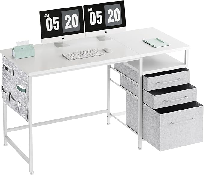 Ｍａｉｈａｉｌ Maihail Small Desk with Drawers, 47 inch Computer Desk with Shelves, Writing Desk with Storage, Small Office Desk with Metal Frame, White