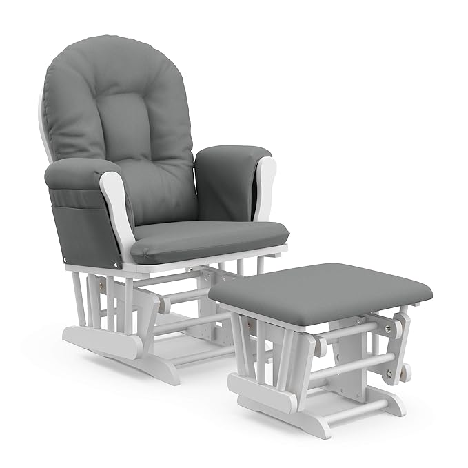 Storkcraft Premium Hoop Glider & Ottoman (White/Gray) — GREENGUARD Gold Certified Nursery Glider, Solid Wood Craftsmanship, Smooth-Gliding Nursery Chair and Ottoman, Award-Winning