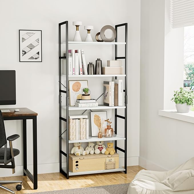 OTK 5 Tier Bookshelf, Tall Bookcase, Office Shelf Storage Organizer, Modern Book Shelf for Living Room, Bedroom, and Home Office, White Marble