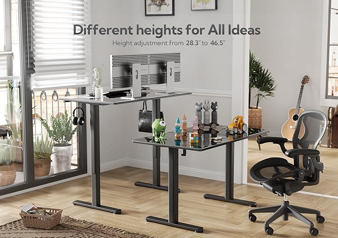 Claiks Glass Standing Desk, 48x24 Inch Electric Standing Desk Adjustable Height Quick Install Home Office Computer Desk, Black