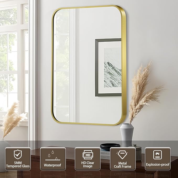 Matte Gold Mirror, 16x24 Inch Brushed Gold Mirror, Aluminum Alloy Framed Vanity Mirror, Rounded Rectangle Bathroom Mirror for Over Sink, Anti-Rust Wall Mirror (Horizontally or Vertically)