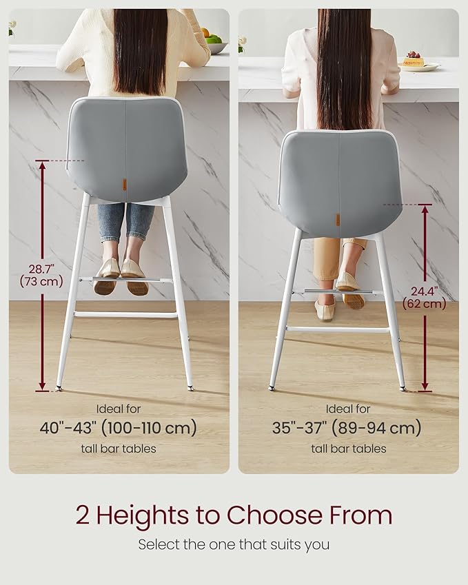 VASAGLE Bar Stools Set of 2, Counter Height Bar Stools with Back, Ergonomic Backrest, Synthetic Leather, Metal Legs, 24.4-Inch Tall Barstools for Kitchen Island Home Bar, Easy Assembly, Dove Gray