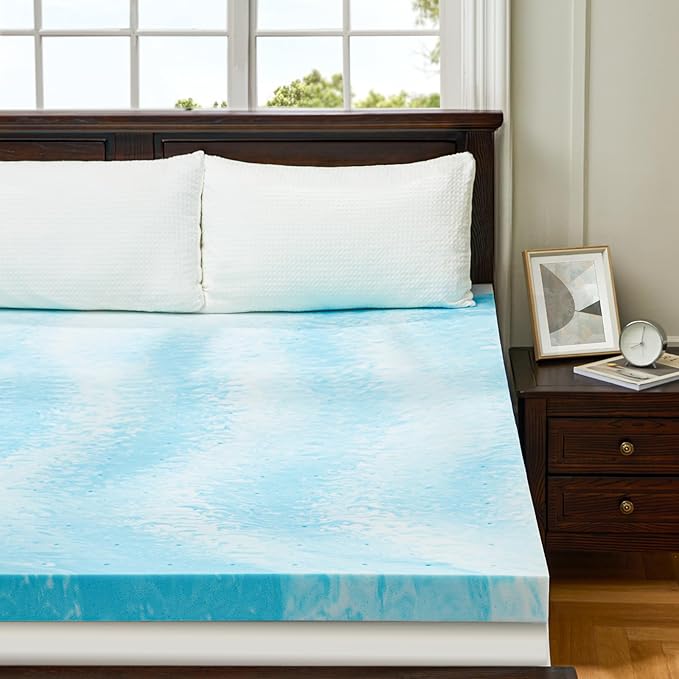 PERLECARE 4 Inch Queen Memory Foam Mattress Topper, Cooling Gel Infused Mattress Pad, Ventilated Bed Topper for Pressure Relief, CertiPUR-US Certified, Blue
