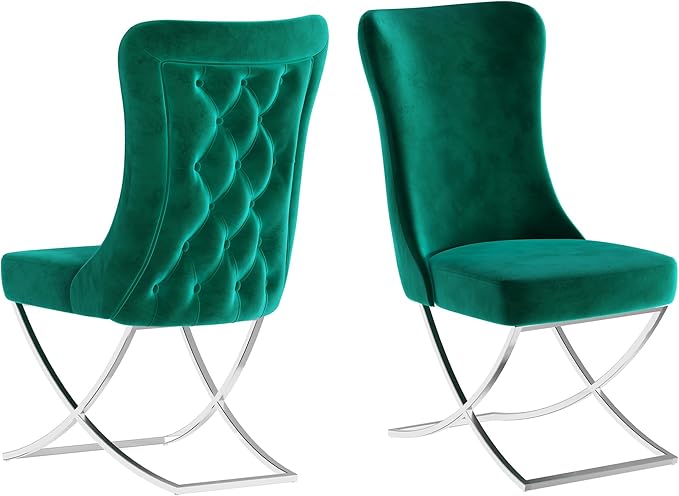 Ottomanson Royal Dining Chairs Set of 4 – Upholstered Tufted Microfiber, Assembled, Silver Metal Legs, Beech Wood Frame, 350 lb Capacity, Green