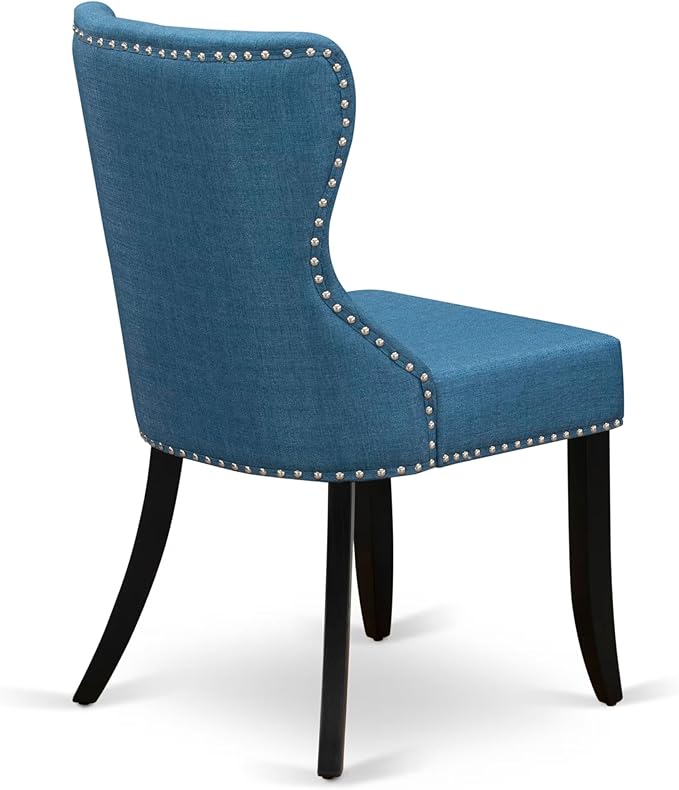 NKSI9-SBB-21-9-Piece Kitchen Table Set Consists of a Dinner Table and 8 Blue Linen Fabric Upholstered Chairs with Button Tufted Back - Sand Blasting Black Finish