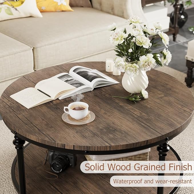 34.25in Round Wood Coffee Table,2-Tier Small Coffee Table with Storage Shelf Modern Design Home Furniture for Living Room, Apartment，Light Walnut