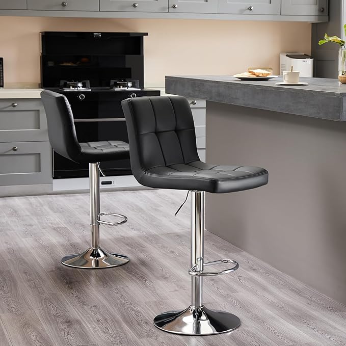 Sweetcrispy Bar Stools Set of 4, Armless PU Leather Adjustable Swivel Barstools, Hydraulic Kitchen Counter Height Thickened Seat Cushion Square Island Countertop Chairs with Back - Modern Black