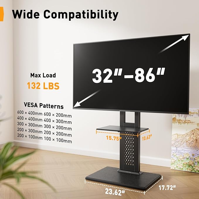 Perlegear Floor TV Stand with Mount for 32-86" TVs up to 132 lbs, Tall TV Stand with Pegboard and 6 Height Settings, TV Swivel Stand with Wooden Base, Max VESA 600x400mm PGFS13