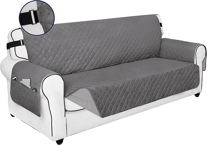 PureFit Reversible Sofa Couch Cover Water Resistant Couch Covers for 3 Cushion, Washable Furniture Cover with Non-Slip Foam and Adjustable Strap for Dogs, Pets (Sofa, Gray/Light Gray)
