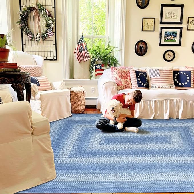 Homespice Denim Jute Blue 6x9' Braided Rug for Living Room, Bedroom Rug and Dining Room. Pet Friendly. Decor Styles- Farmhouse Rug, Rustic, Vintage, Cottage, Primitive, Country, Boho Rug