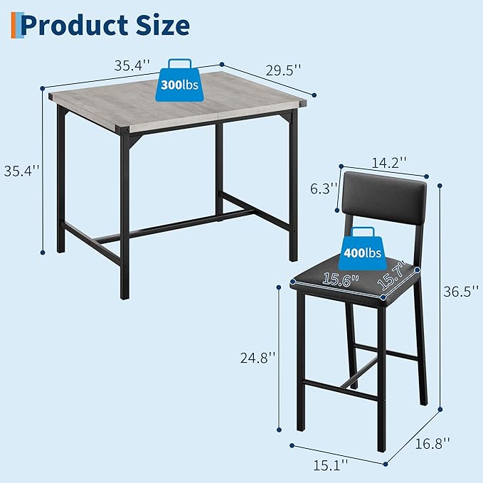 IDEALHOUSE Dining Table Set for 2 w/Counter Height Table & 2 Upholstered Bar Stools, 3-Piece Kitchen Table Set with Footrest & Corner Protector, for Kitchen Room, Apartment, Pub