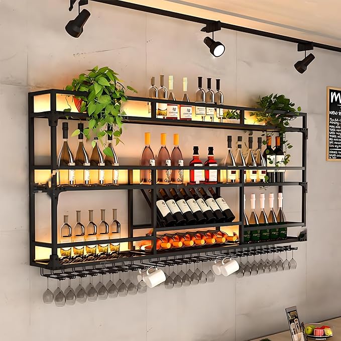 Metal Wall-Mounted Wine Rack with LED Light - 3 Tier Wine Storage Display Rack with Glass Holder - Space-Saving Bottle Display Shelf for Home Bars, Dining Rooms(Black, 47in/120cm)