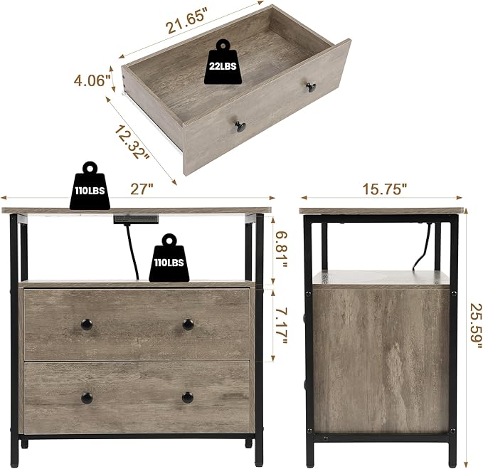27 inch Wide Nightstand with Charging Station, Bedside Table with Open Shelf, 2 Drawers Small Wood Dresser, End Side Table for Bedroom (2 Pack,Rustic Gray)