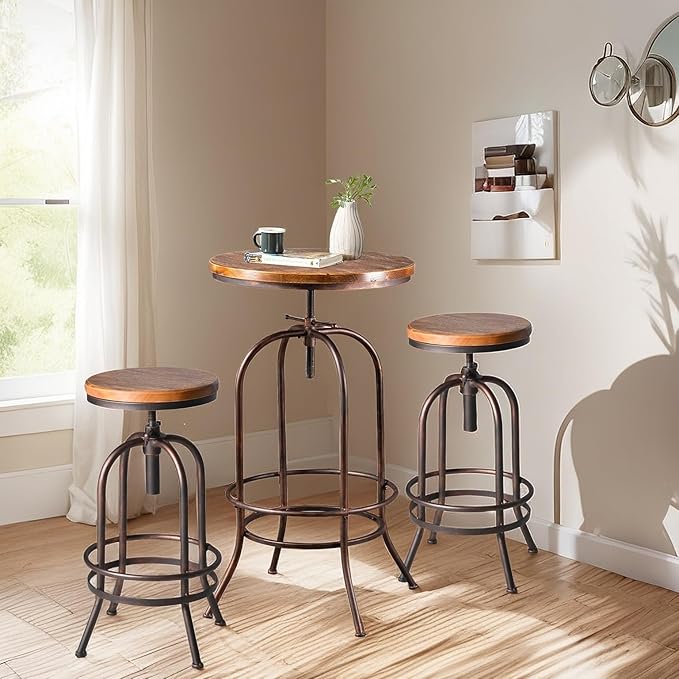 Vintage Bar Table Swivel Industrial Style Pub Table Kitchen Dining Tables Height Adjustable 37.4-45.3inch Coffee Table with Footrest
