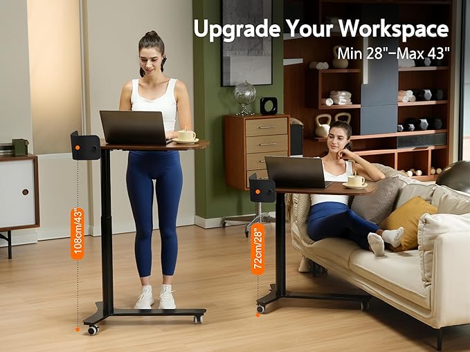 Rolling Adjustable Height Desk with Drawer and Wheels, Portable Small Standing Desk Pneumatic for Home Office, Mobile Computer Laptop Desk Cart, Medical Sofa Overbed Table, Black Walnut