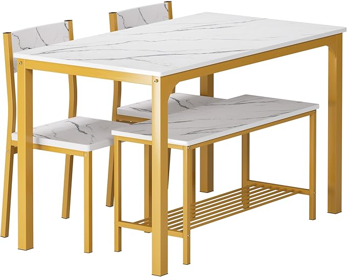 soges 4 Person Dining Table Set,43.3 inch Kitchen Table Set for 4,2 Chairs with Backrest,2-Person Bench with Storage Rack,Nesting Furniture Set for Dining Room and Restaurant, White Gold