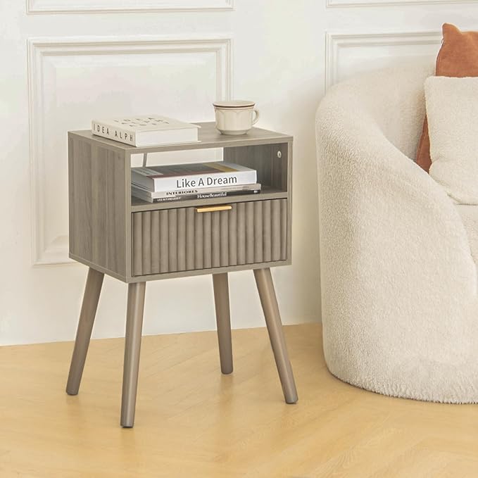 Night Stand with Charging Station, Modern Bedside Table with Drawer and Solid Wood Legs, Fluted Side End Table for Bedroom, Dorm and Small Space (Grey)