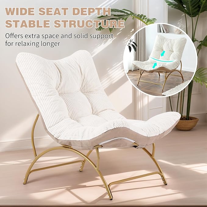 Welnow Accent Lounge Lazy Chair, Comfy Soft Leisure Metal Frame Reading Chair, Upholstered Thick Cushion Seated Recliner Sofa for Living Room, Bedroom, Dorm, Beige