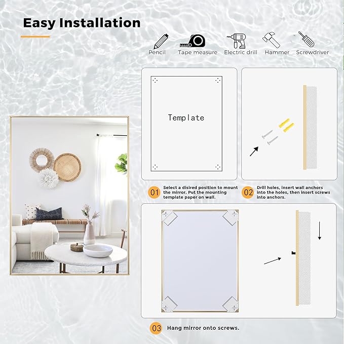 27x40 Inch Brass Bathroom Mirror for Wall, Aluminum Frame Rectangle Rectangular Vanity Mirror, Modern Large for Bedroom, Living Room, Horizontal or Vertical