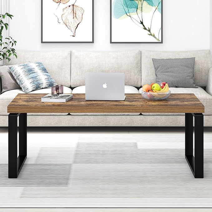 EXCEFUR Modern Coffee Table, Industrial Wood and Metal Center Table for Living Room, Rectangle Cocktail Tea Table for Home Office, Rustic Brown, 47 Inch