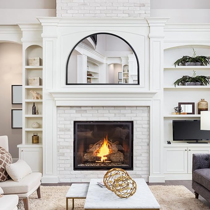 WAMIRRO Minimalist Black Arched Mirror,Large Farmhouse Bathroom Fireplace Mantel Horizontal Wide Arch Mirrors for Entryway/Living Room 26"X36"