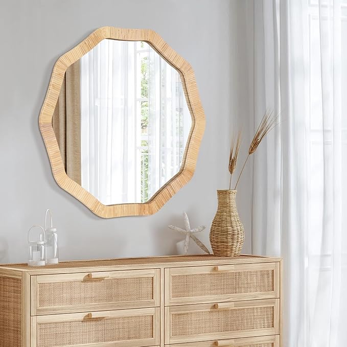 ULIKE Rattan Mirror for Wall, Bathroom 24 Inch Rustic Farmhouse Wall Decor with Handmade Wicker Frame, Boho Woven Mirror for Nursery Bedroom Living Room Entryway