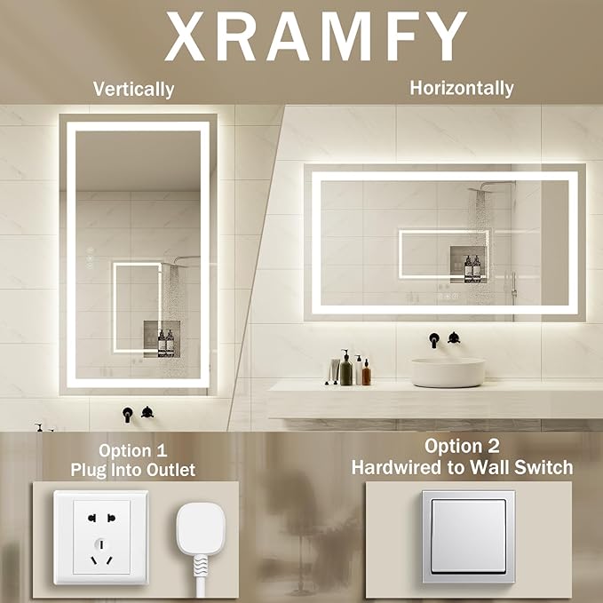 55'' x 30'' LED Bathroom Mirror with Lights, Wall Mirror with Front and Backlight, 3 Colors Vanity Mirror with Lights, Anti-Fog Wall Mirror for Bathroom