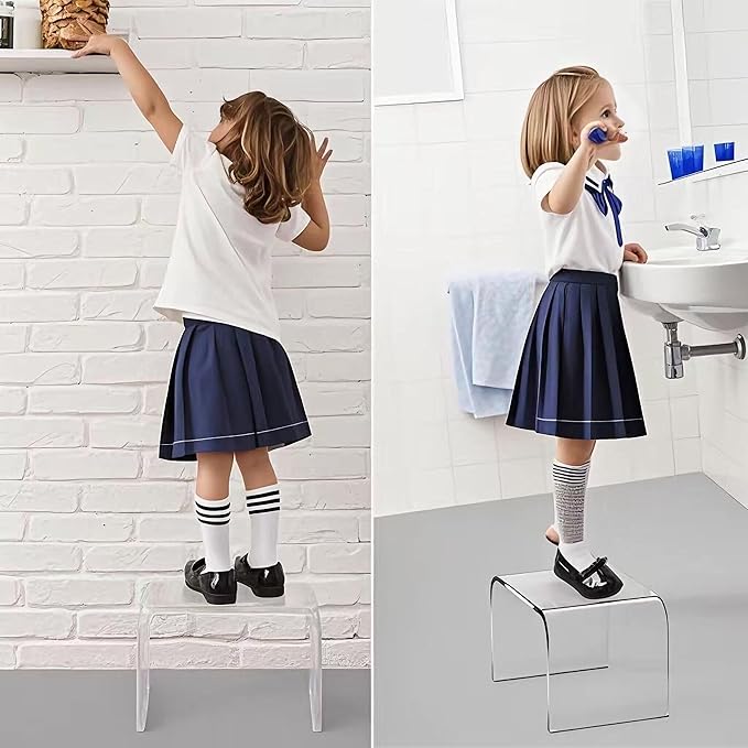 Acrylic Kids' Step Stool – Small Footstool for Bathroom, Kitchen & Bedroom, 12.5”x9.7”x9”, Holds 200lbs, Multi-Use as Toilet Stool, shower/water-resistant stool, seating and placing items (Clear-2pcs)
