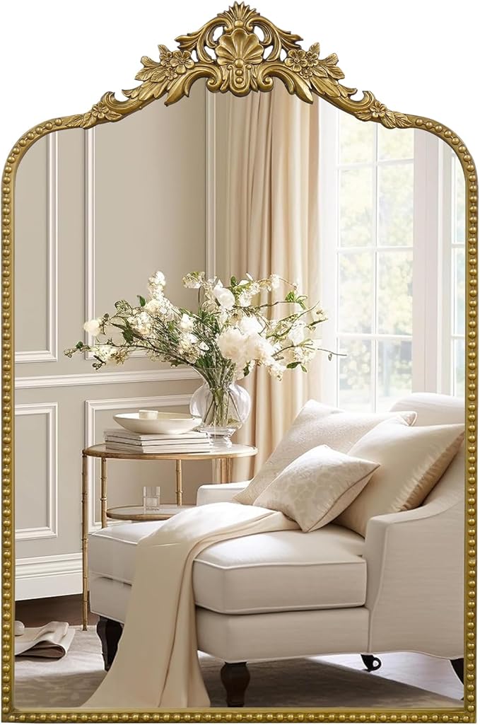 G-LEAF Vintage Baroque Mirror 24"X36",Arched Mantel Victorian Antique Farmhouse Mirror with Gold Ornate Metal Frame for Fireplace Entryway Living Room Hallway Bathroom